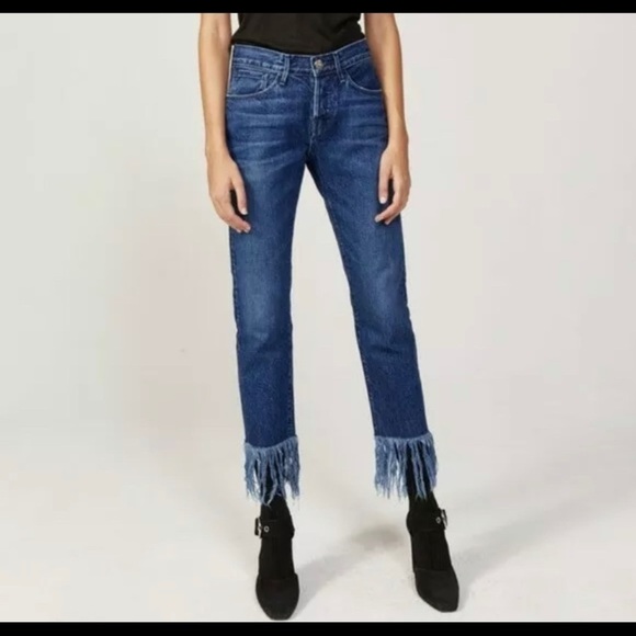 3x1 NYC High Rise Crop Fringe Straight Leg Jeans Lima Medium Wash Size 26 - Picture 1 of 9